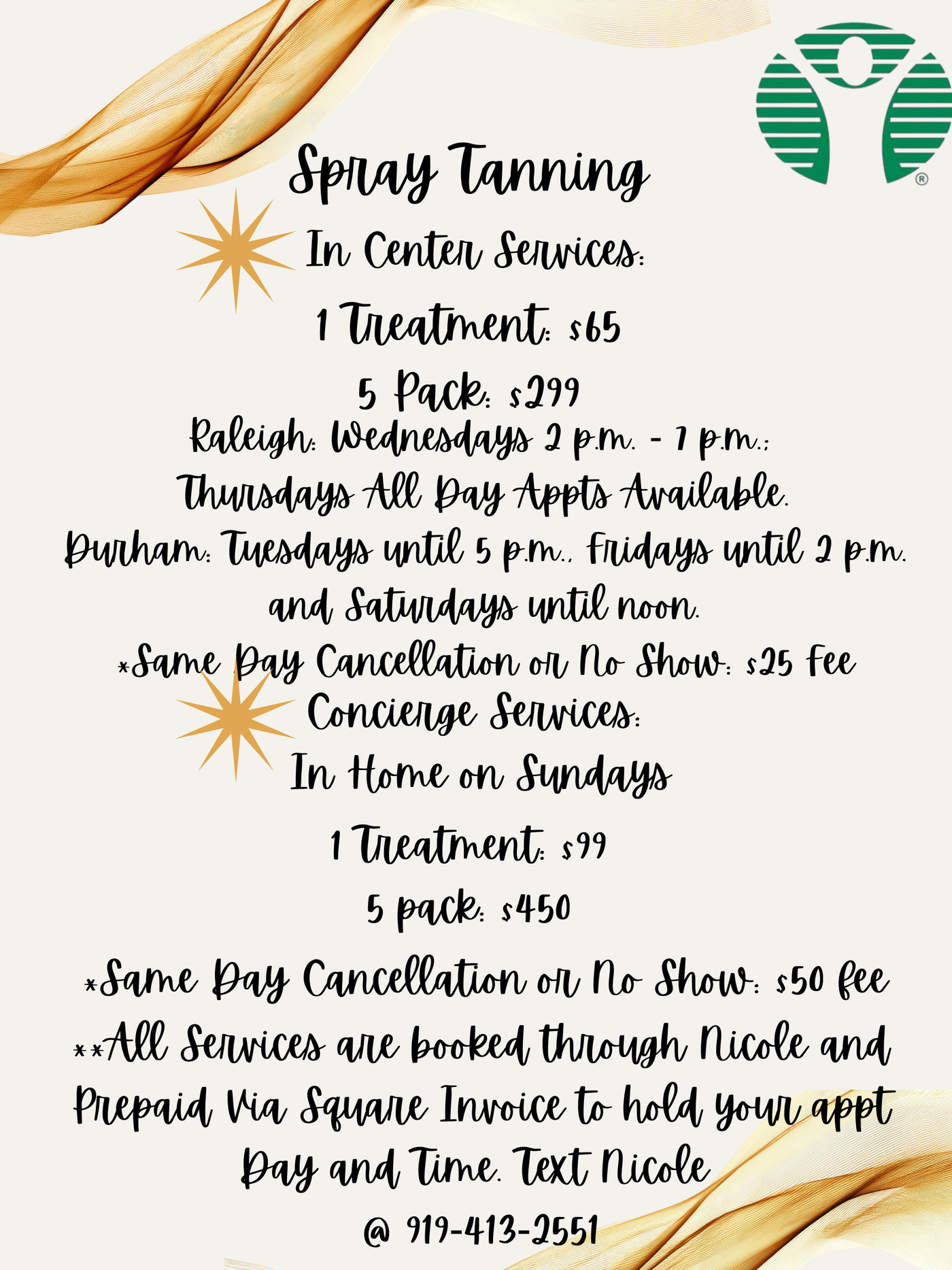 Handwritten spa/tanning pricing flyer with services, package deals, and contact details on white paper.