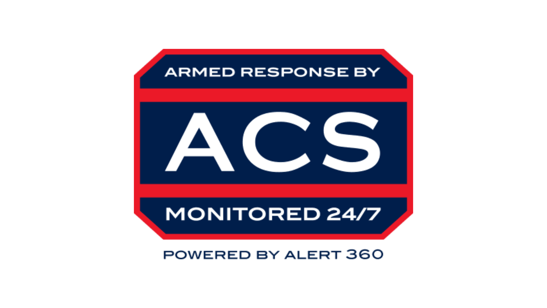 ACS monitored 24/7 security alarm logo with red and navy shield, “Armed Response By ACS” and “Powered by Alert 360”