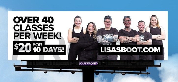 A billboard for lisasboot.com advertises over 40 classes per week