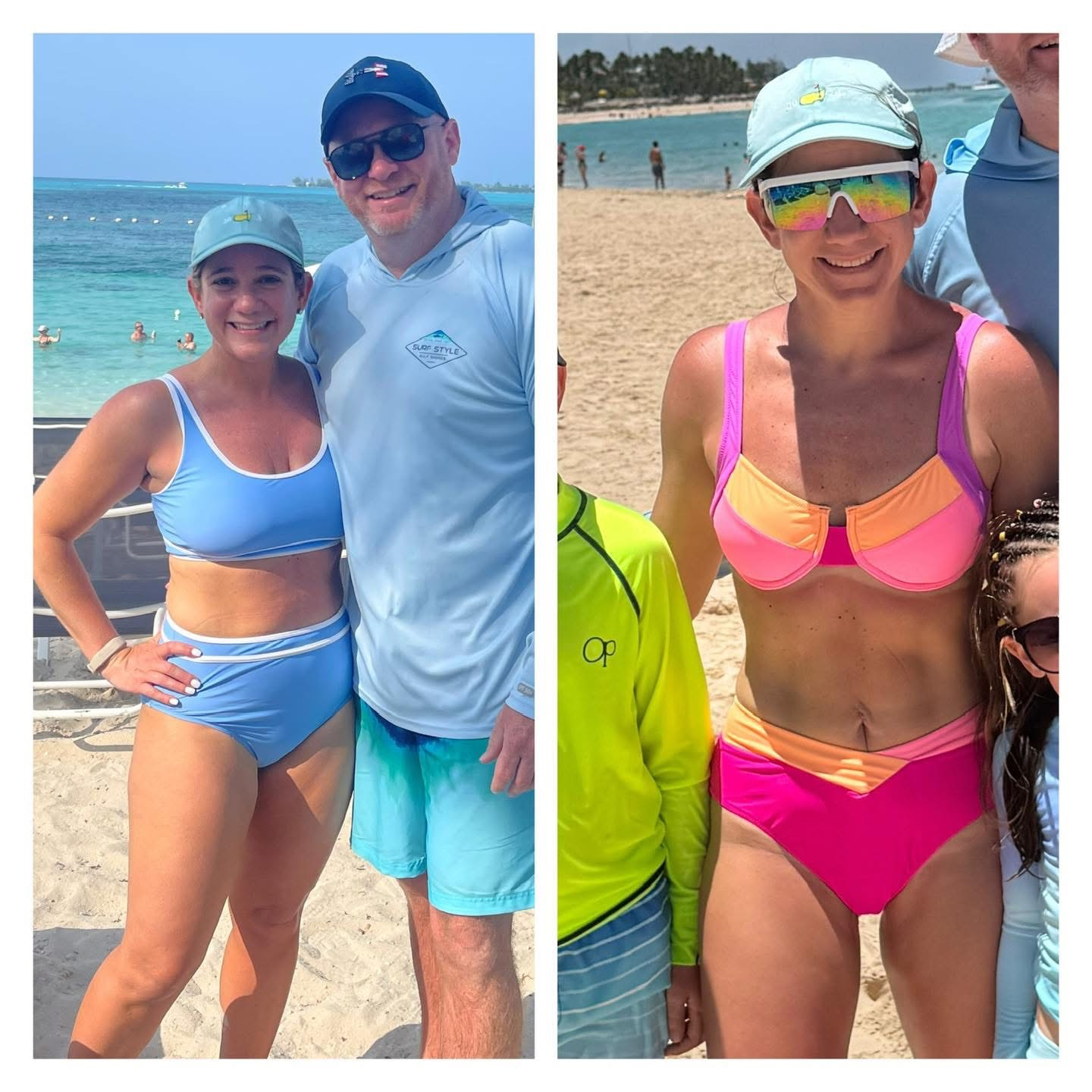 Two people in swimwear at the beach. Woman in blue bikini with man in blue. Woman in pink bikini with person.