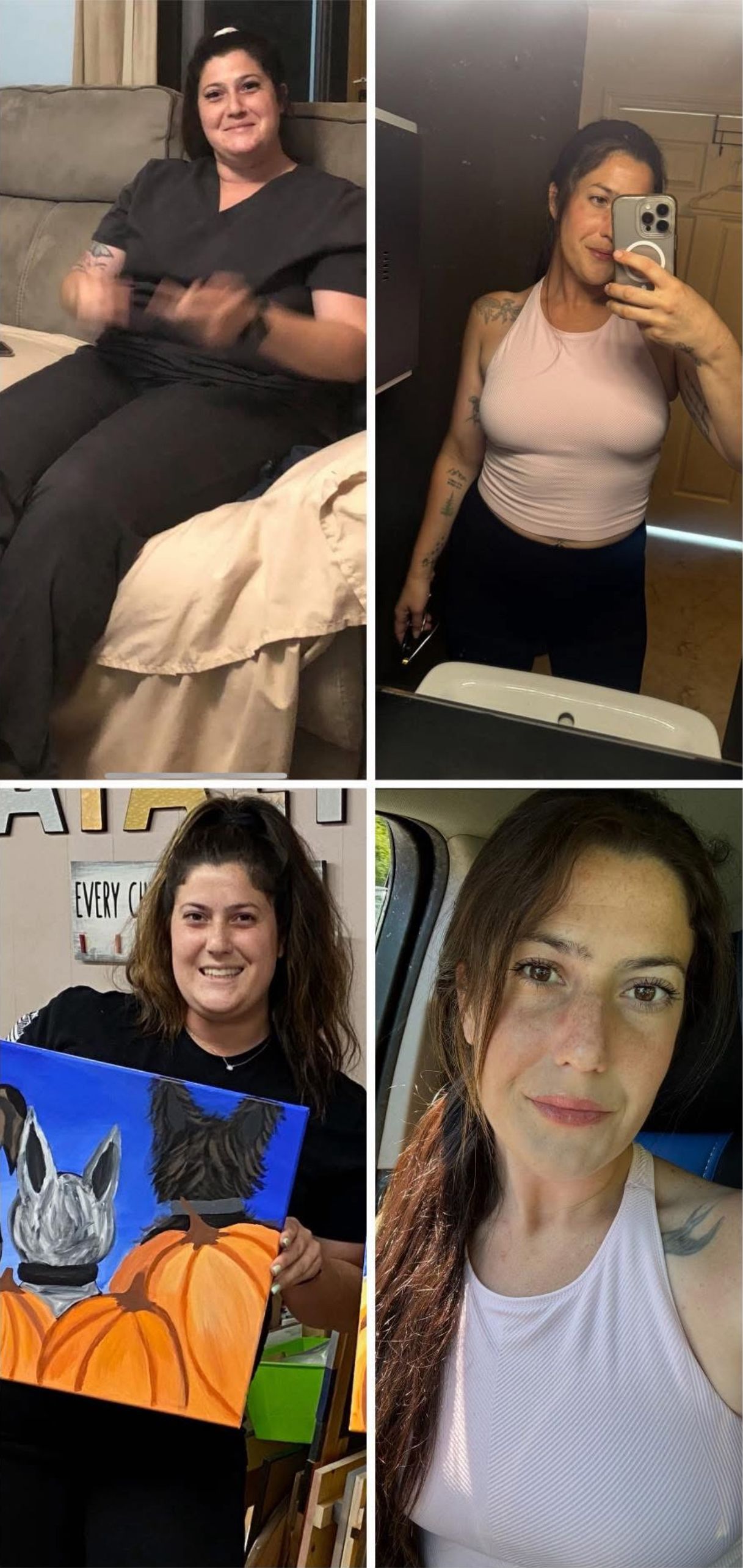 Before and after weight loss photos of a woman smiling in different settings.