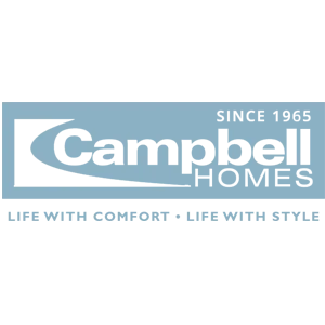 Campbell Homes logo: light blue rectangle with white text. Includes company name, established date, and slogan.