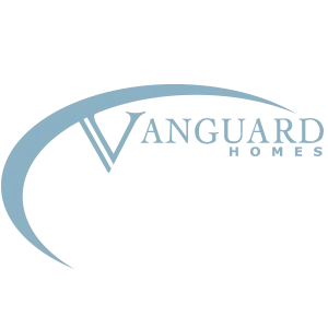 Vanguard Homes logo. Blue arc over stylized
