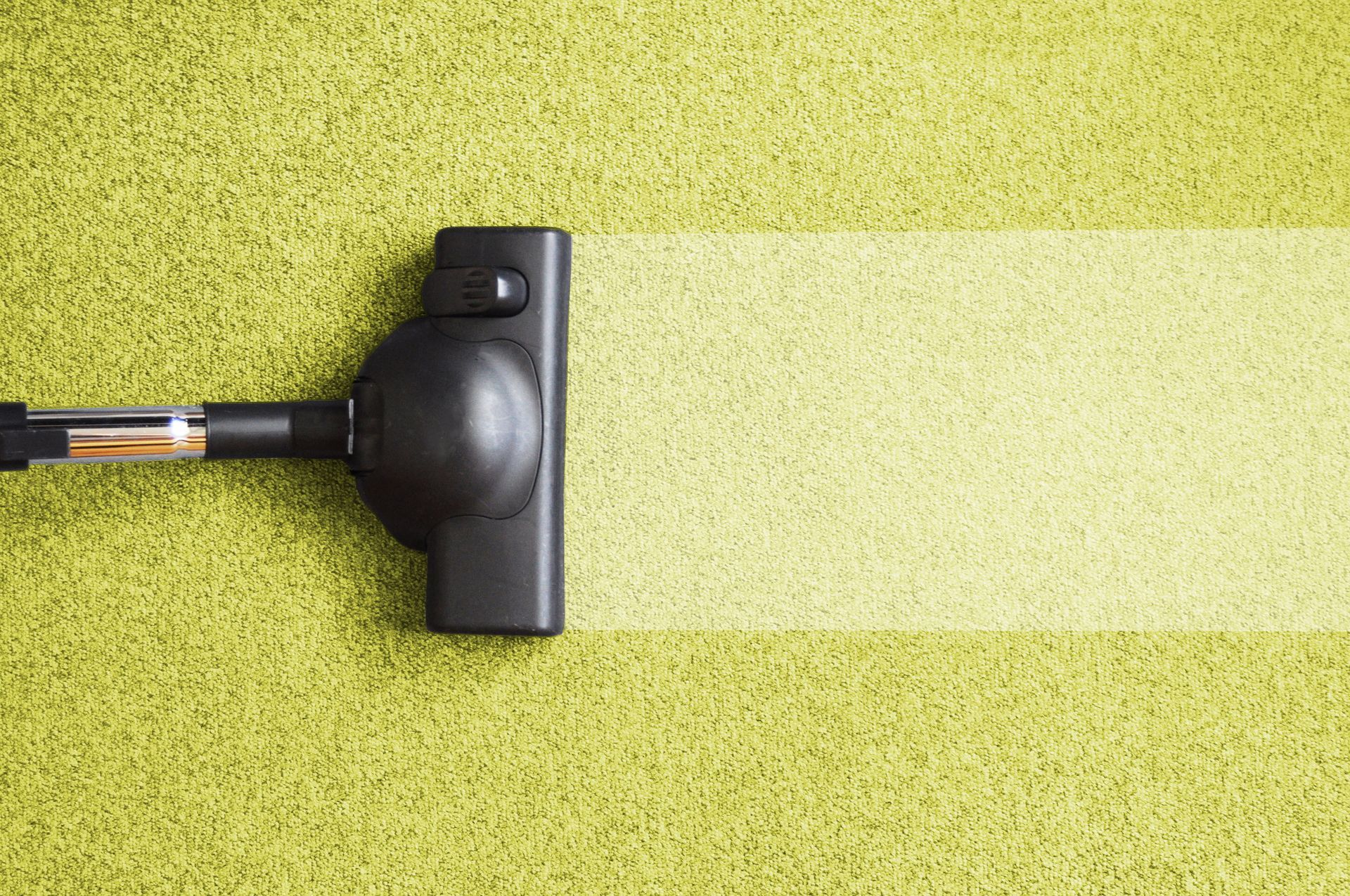 Vacuum cleaner head cleaning green carpet, leaving a clean, light path.
