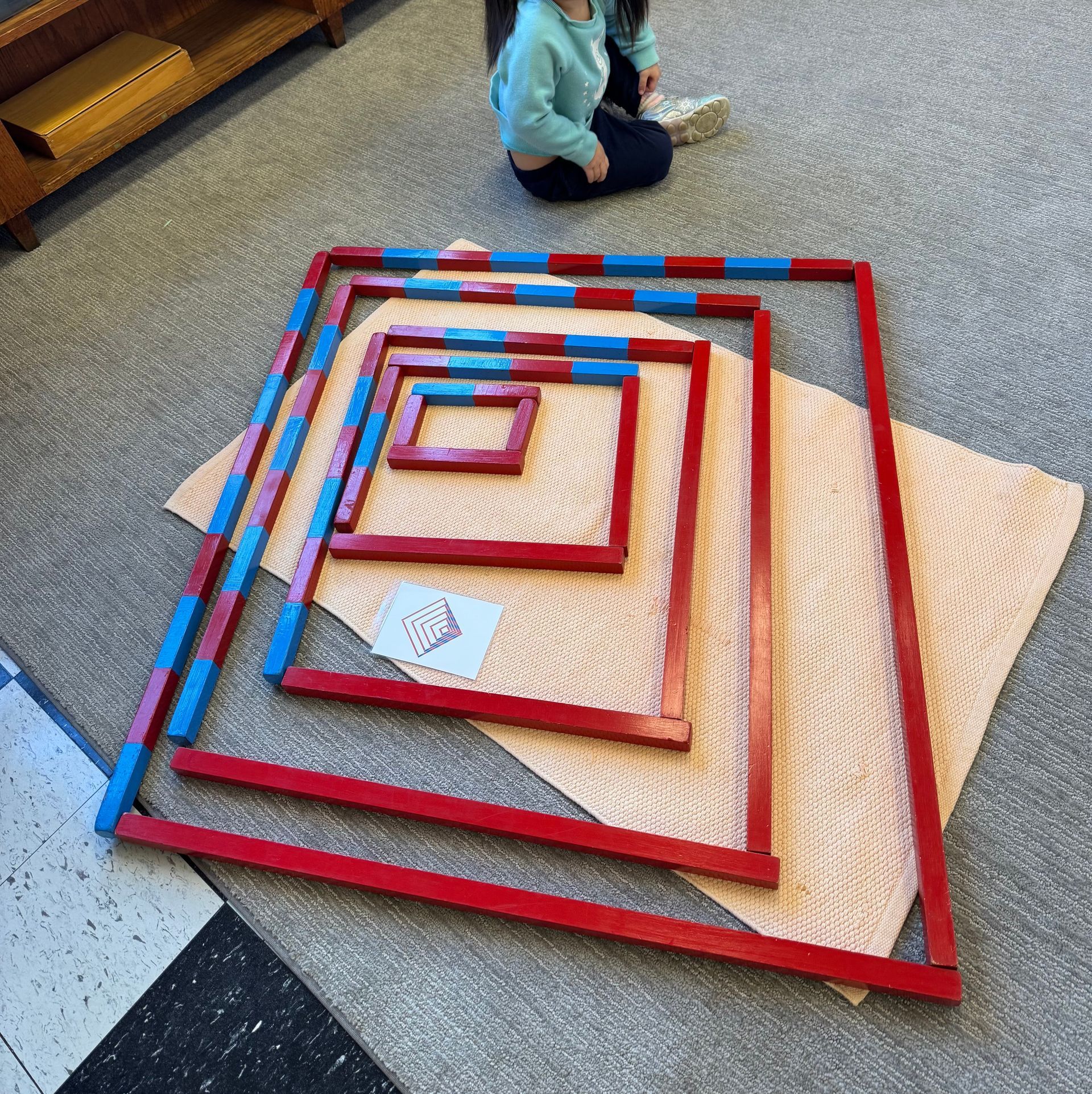 Red and blue blocks, geographical design.