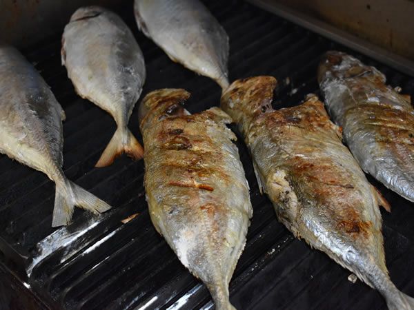 Grilled fish cooking on a black grill, with golden-brown grill marks.