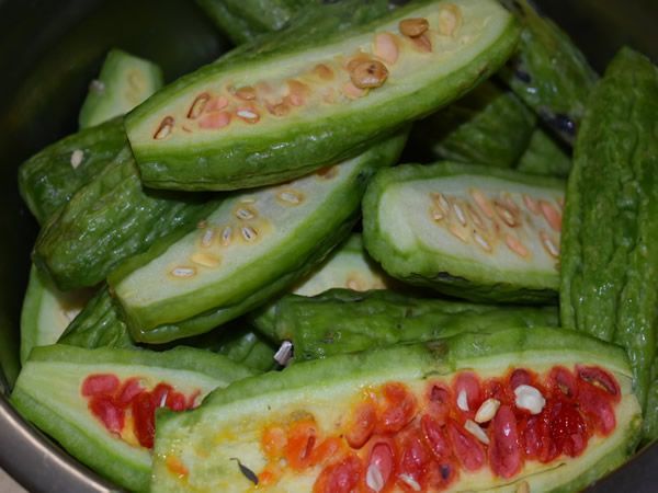 Sliced bitter melons in a bowl, showing the red seeds and green flesh.