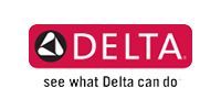 The Delta brand logo: white text on a red rectangular background, with a stylized triangular icon to the left.