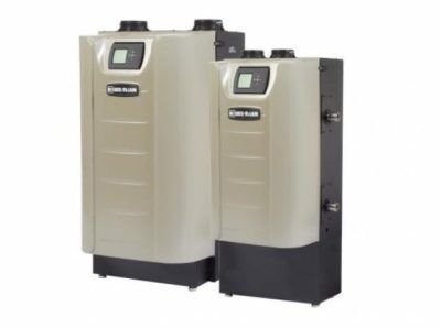 Two beige Lochinvar high-efficiency residential boilers side-by-side against a white background.