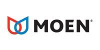 The Moen logo, featuring two interlocking water drop shapes in red and blue next to the company name in black text.