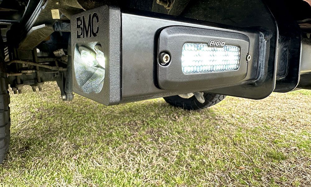 Black metal truck bumper with LED lights and 