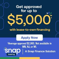 Ad for Snap Leasing: Get approved for up to $5,000 with lease-to-own financing. White 