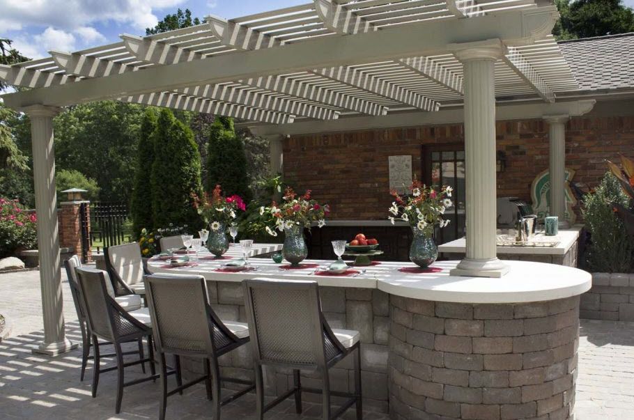 A patio with a table and chairs under a pergola
