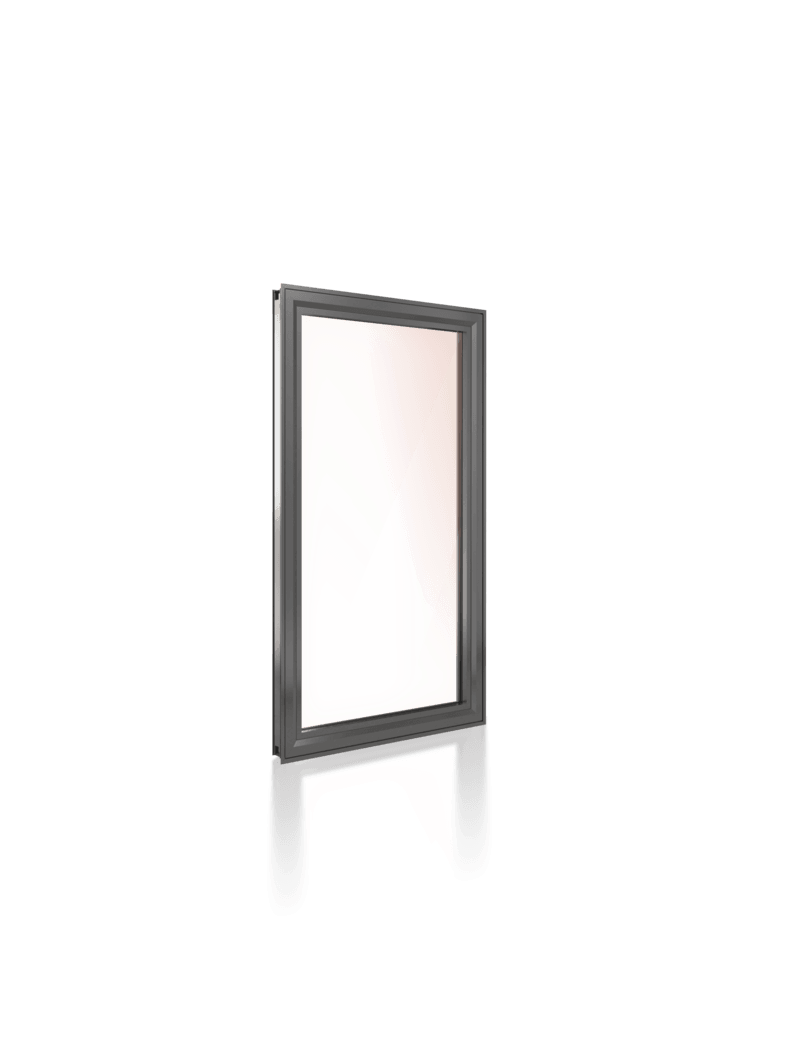 A picture of a glass window with a black frame on a white background.