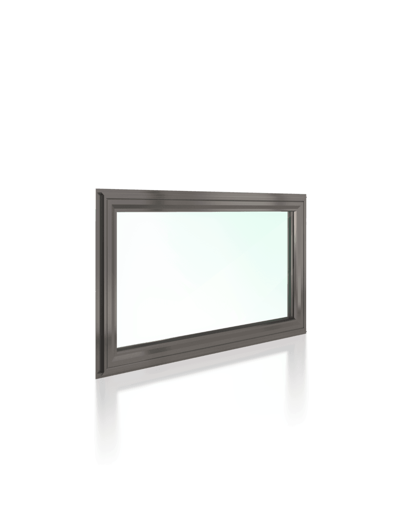 A glass window with a wooden frame is hanging on a white wall.