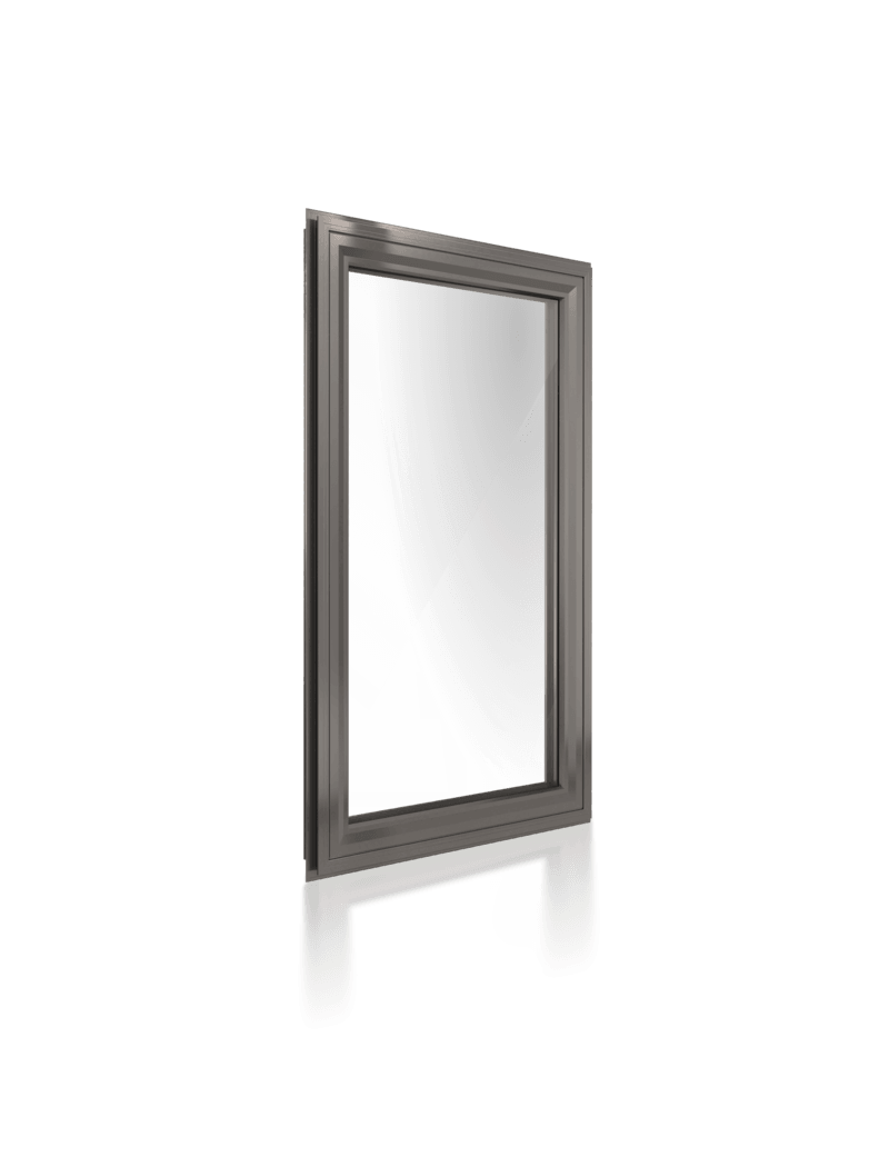 A full length glass window with a gray frame on a white background.