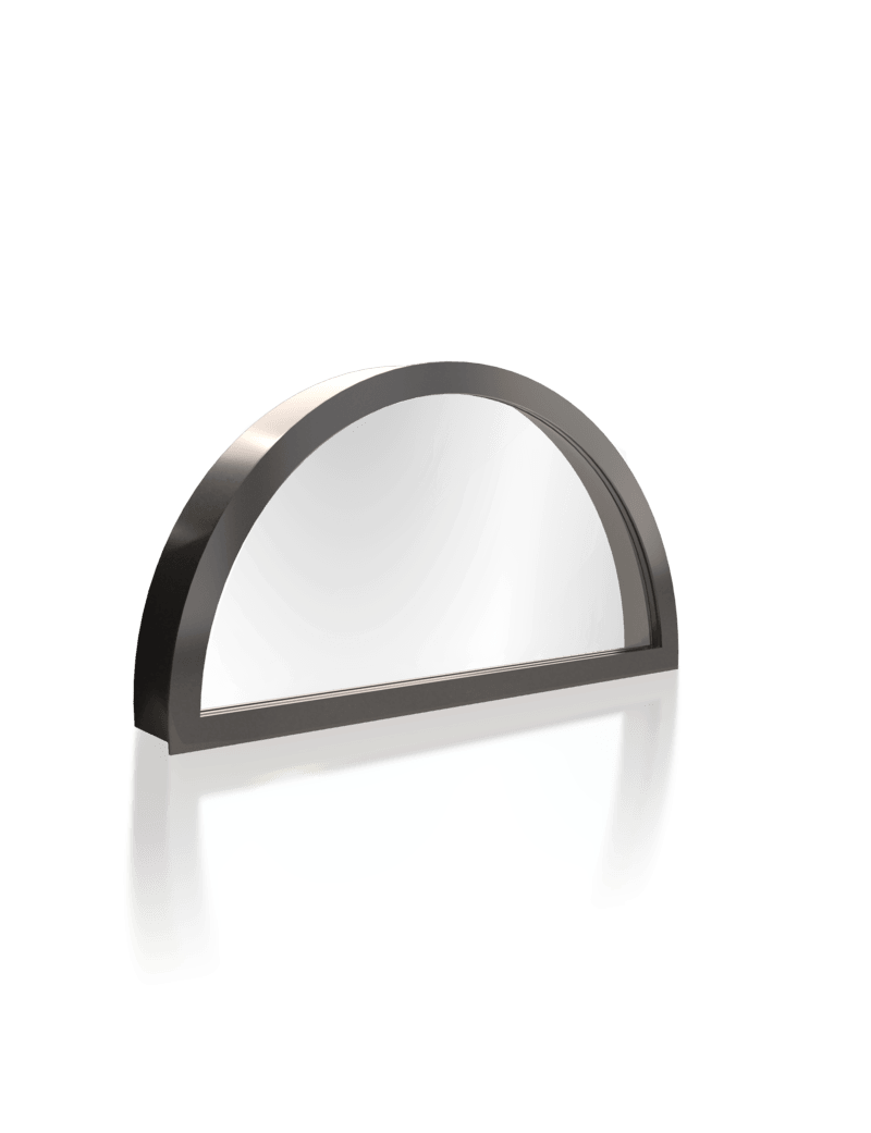 A half round glass window with a black frame on a white background.