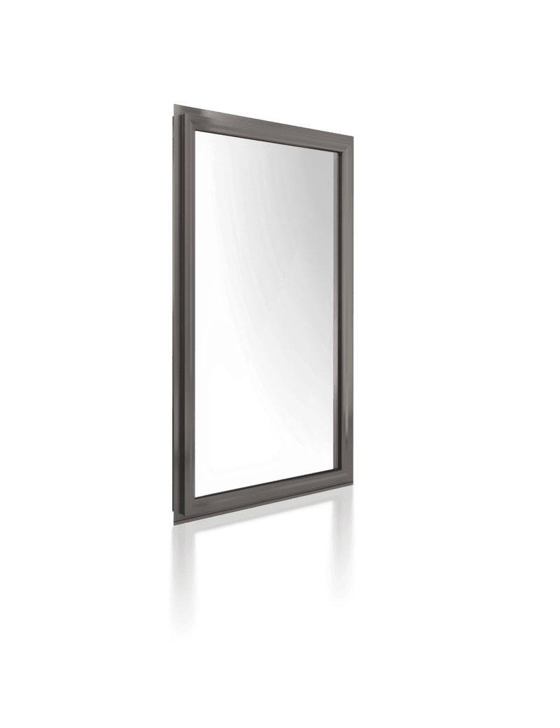 A full length glass window with a black frame