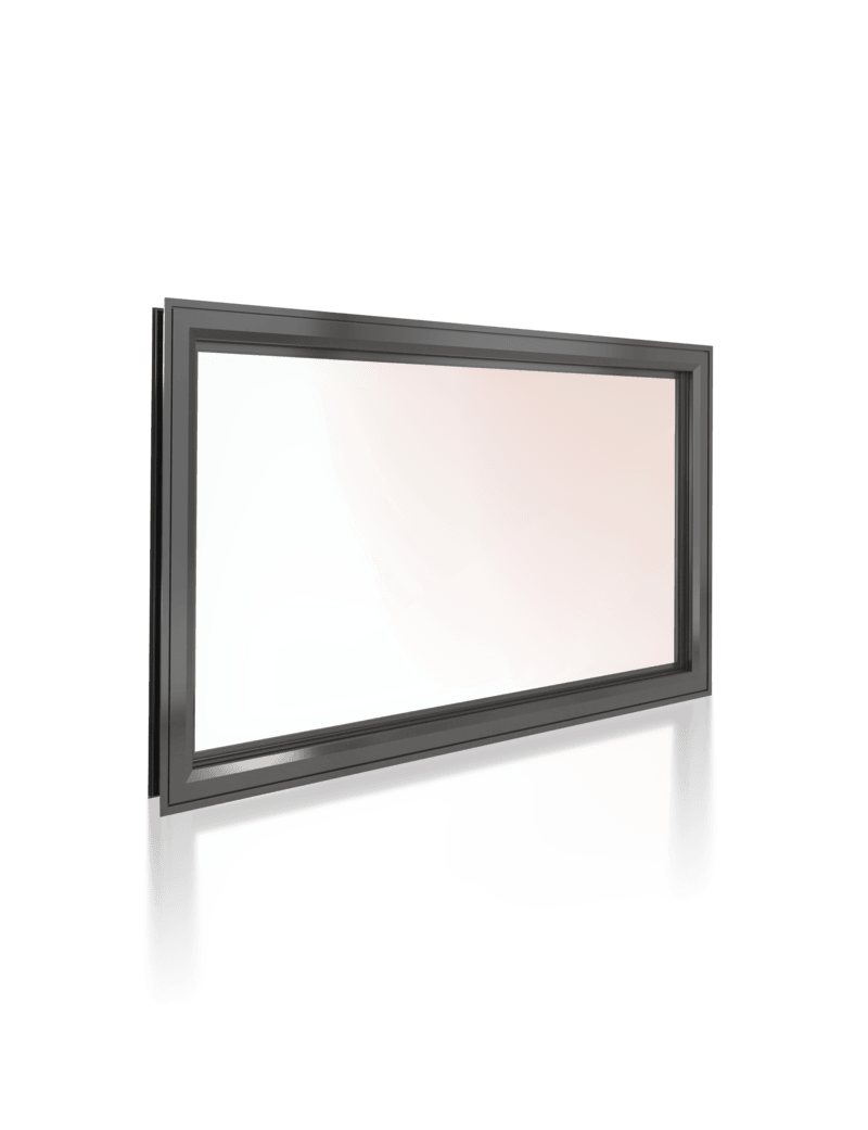 A rectangular glass window with a black frame on a white background.