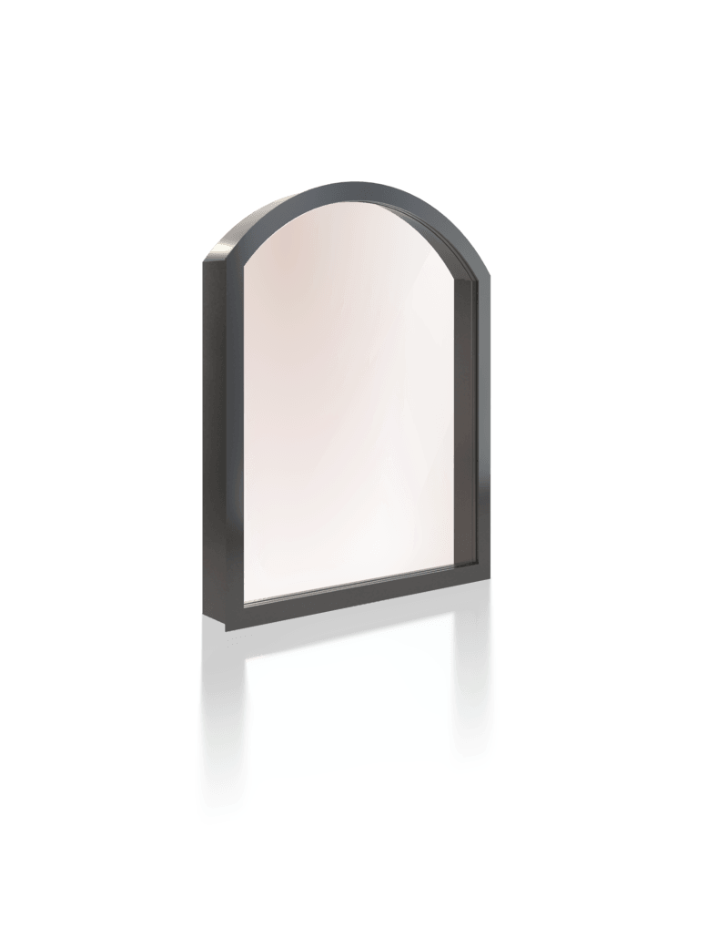 A glass window with a black frame is sitting on a white surface.