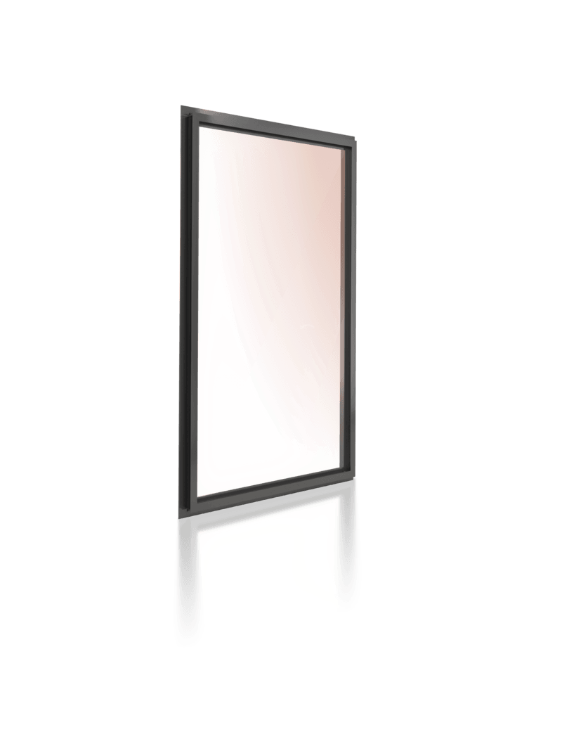 A picture of a glass window with a black frame on a white background.