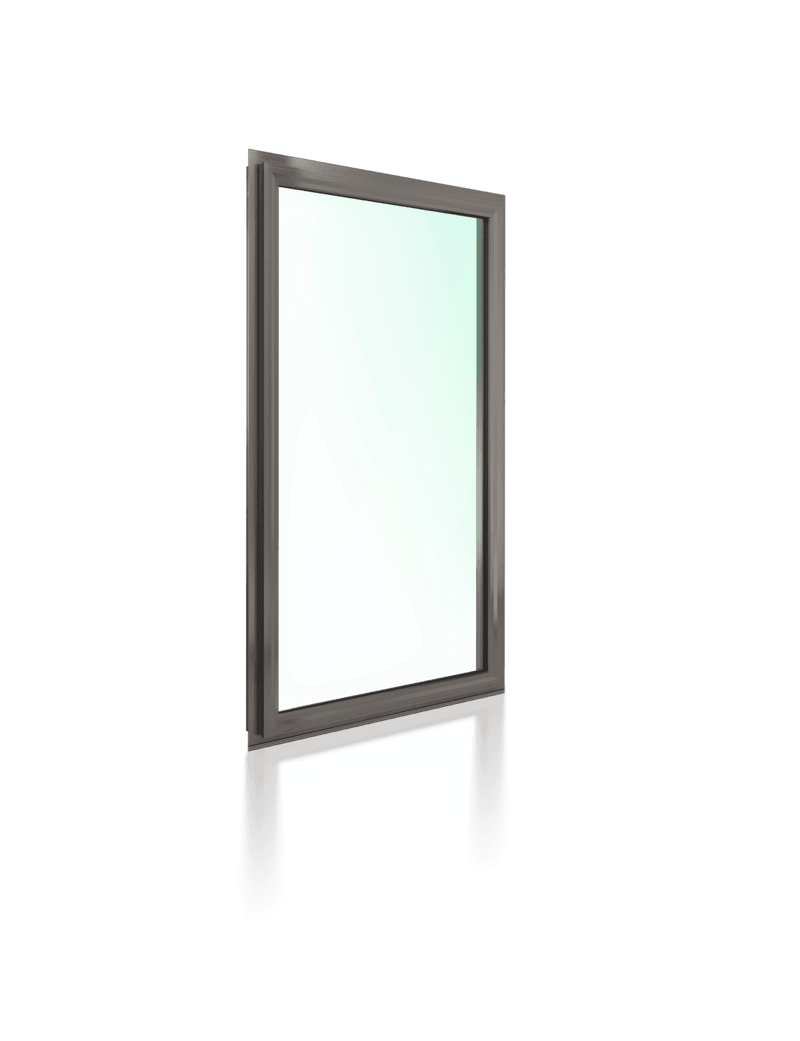 A picture of a glass window with a black frame on a white background.