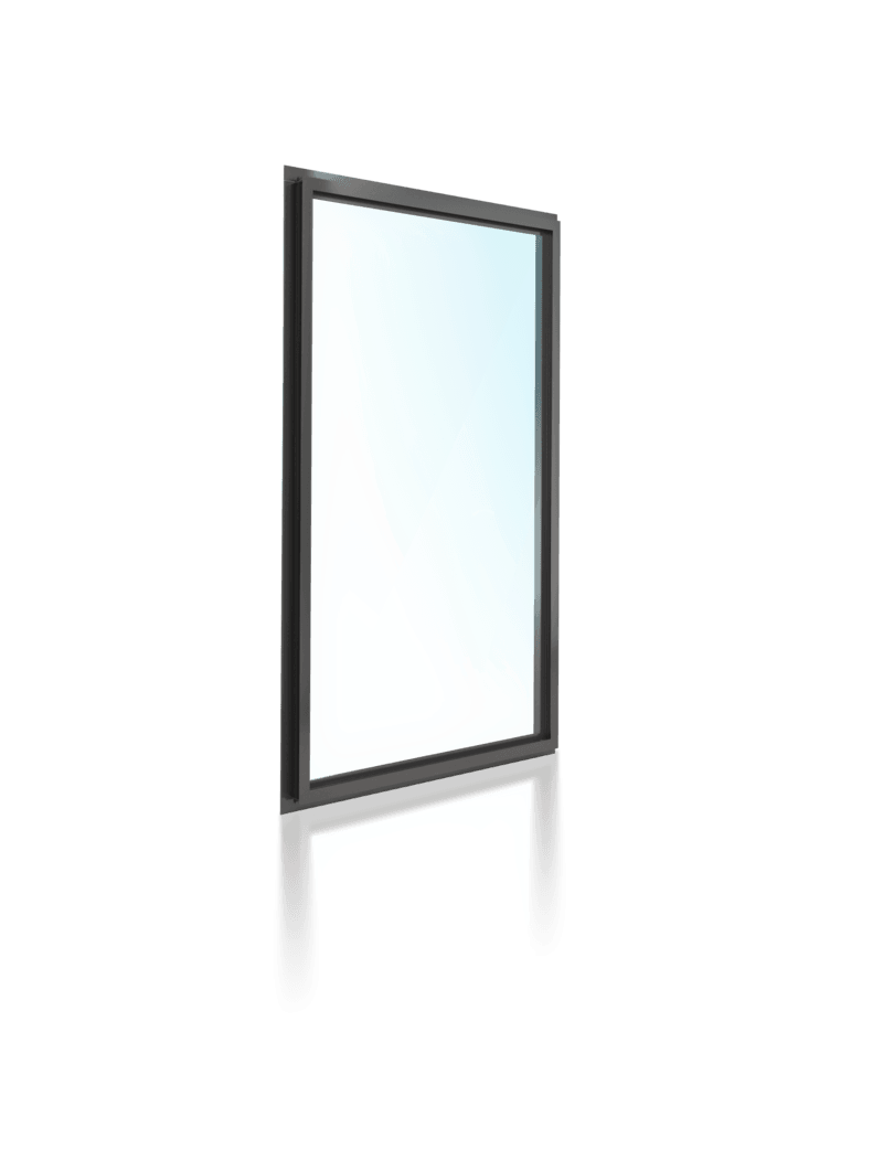A picture of a glass window with a black frame on a white background.