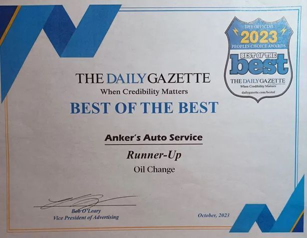 Daily Gazette “Best of the Best” 2023 certificate for Anker’s Auto Service, runner-up for oil change