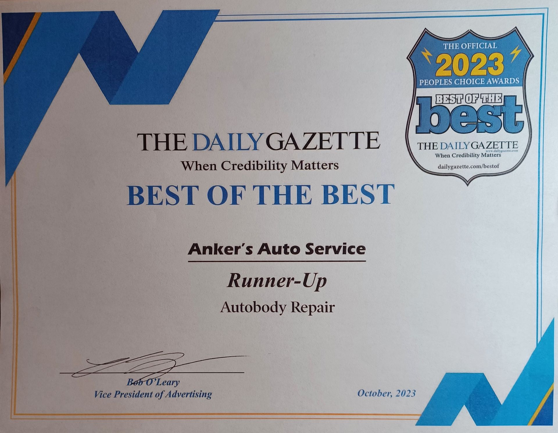 The daily gazette best of the best award for anker 's auto service