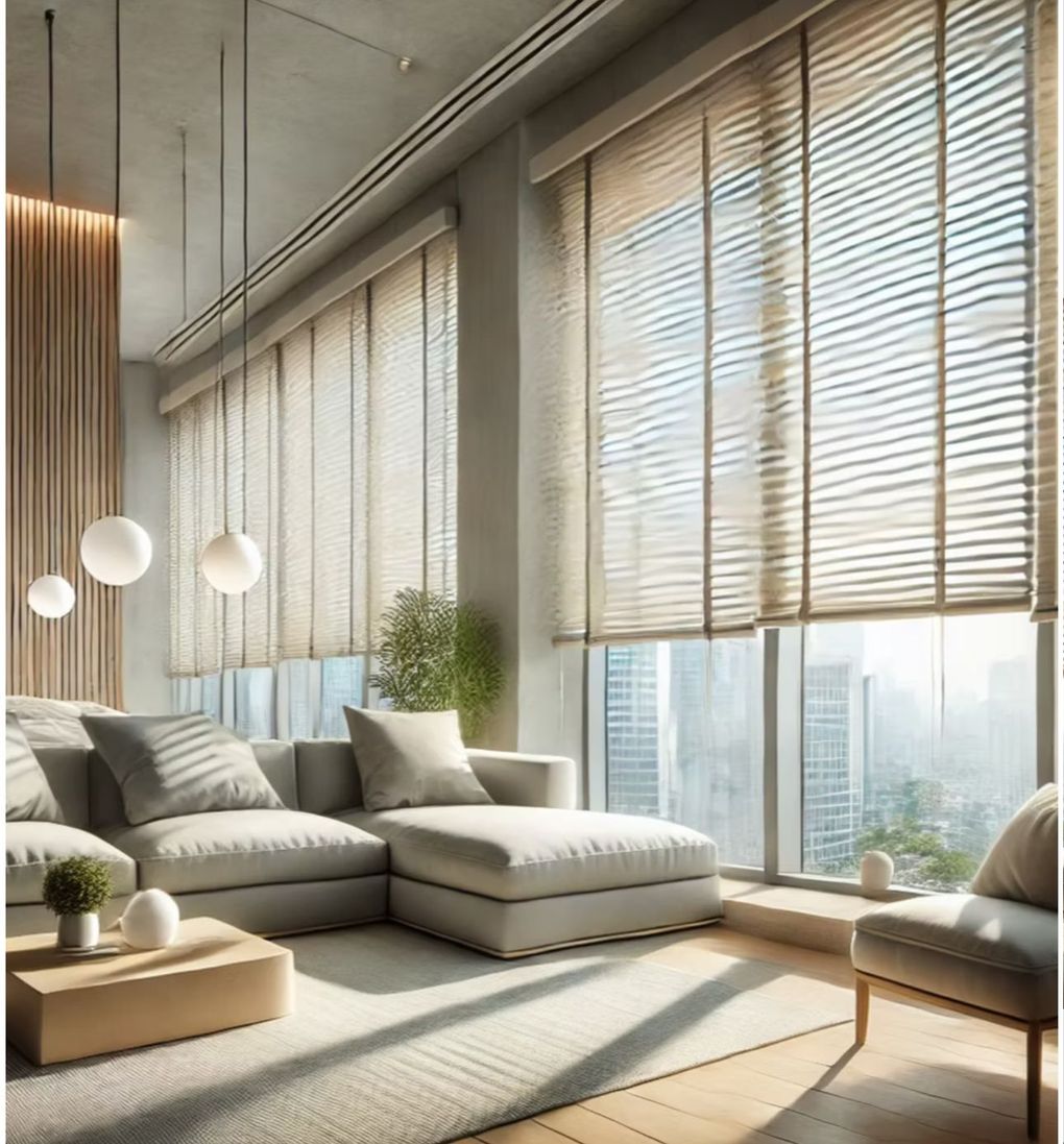 A modern living room with large windows, a sectional sofa, and neutral tones.