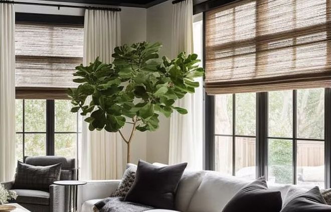 Living room with white sofa, black-framed windows, woven shades, white curtains, and a fiddle-leaf fig tree.