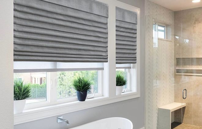 Bathroom with gray Roman shades, potted plants in window, and a shower.