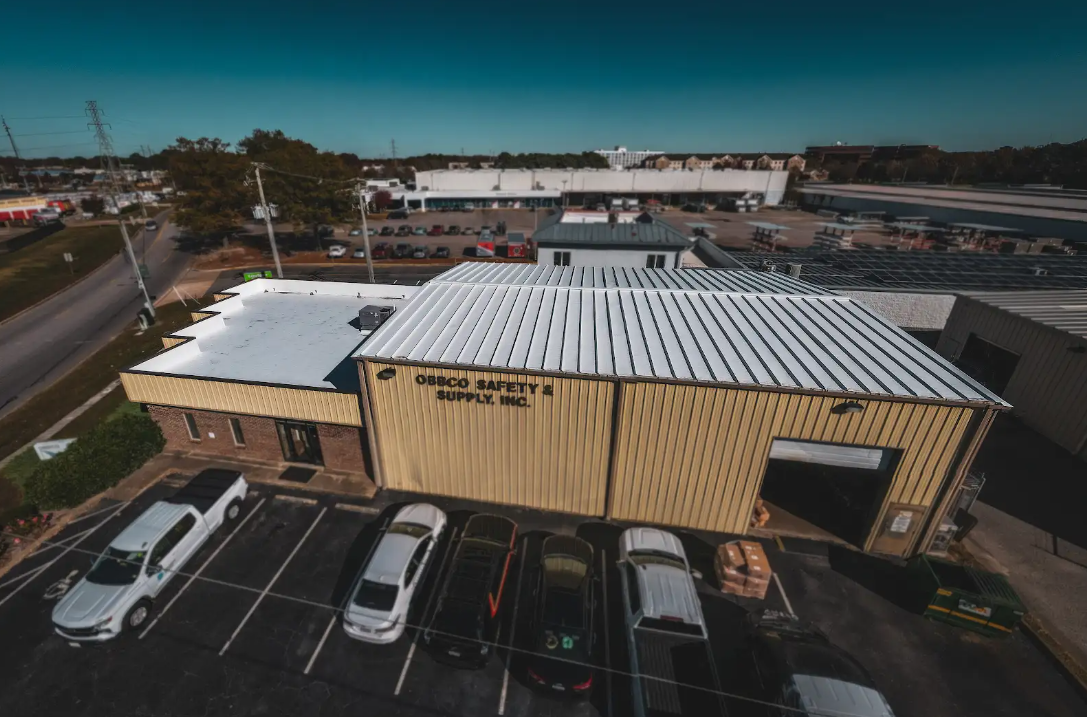 Aerial shot of a building roof with visible details of its design.