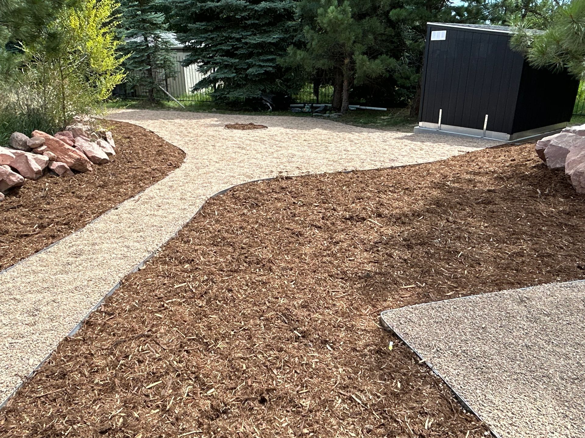 A path surrounded by rocks and mulch in a yard with a shed in the background.