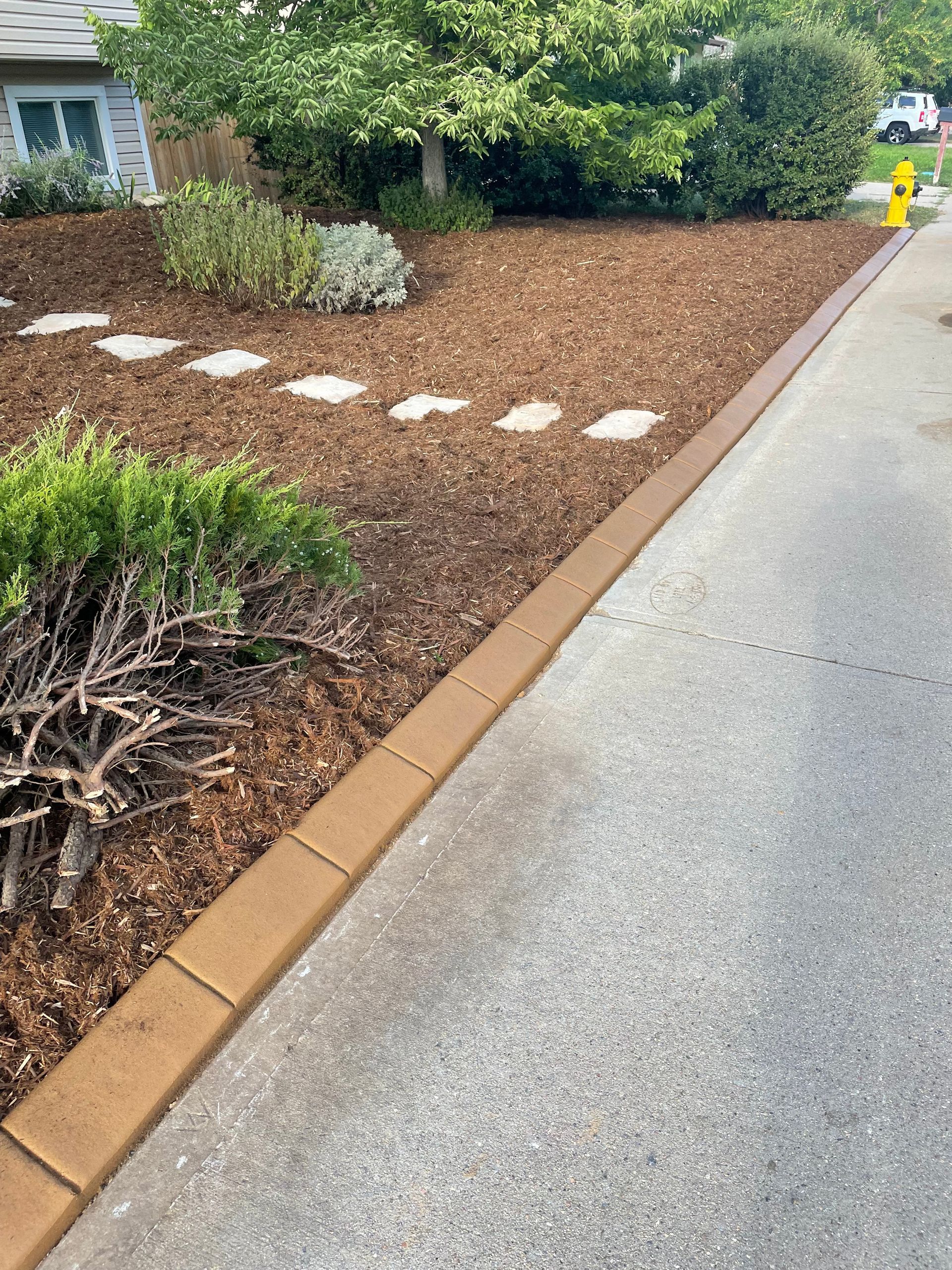 A driveway with a concrete curb and a garden in the background.