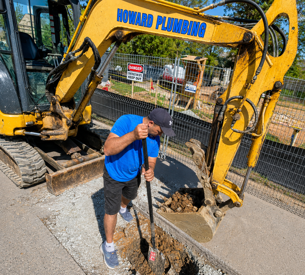 Worker in blue shirt standing beside a yellow excavator at a construction site.