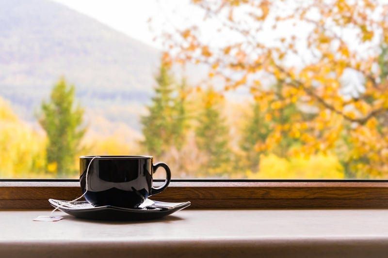 Black coffee cup on saucer by a window with blurred autumn trees outside