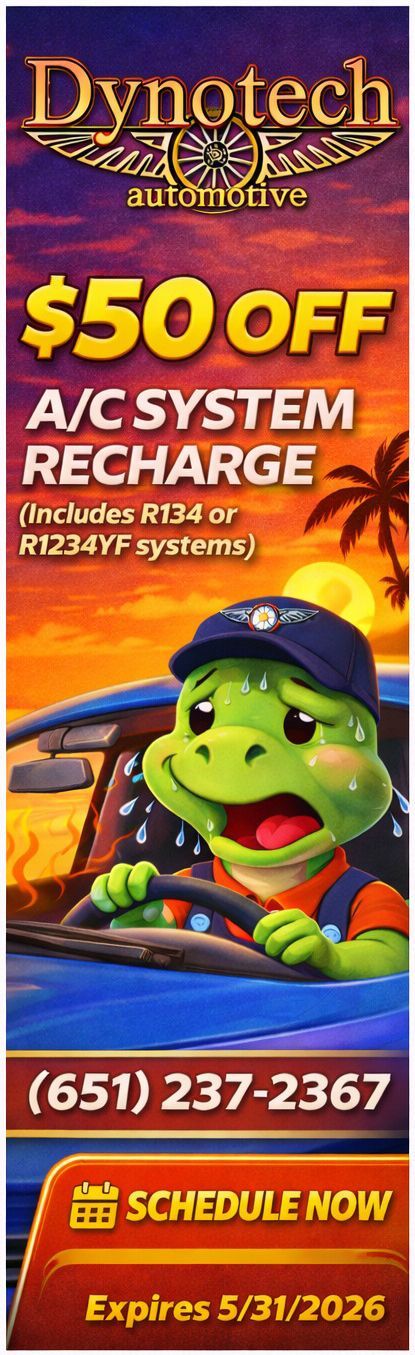 A Dynotech Automotive ad offering $50 off an A/C recharge, featuring a sweating turtle driving a car at sunset.