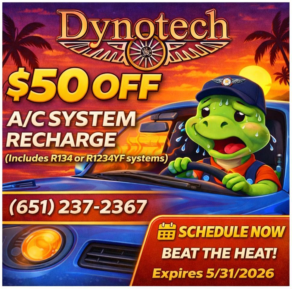 Dynotech ad: A sweating cartoon turtle in a car offers $50 off A/C system recharges. Call (651) 237-2367. Expires 5/31/2026.