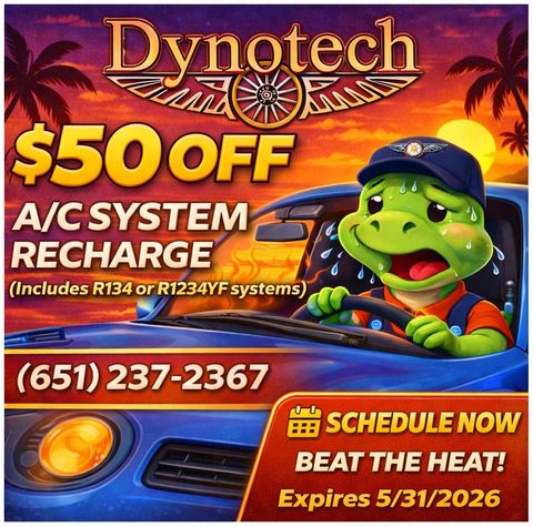 Dynotech ad: A sweating cartoon turtle in a car offers $50 off A/C system recharges. Call (651) 237-2367. Expires 5/31/2026.