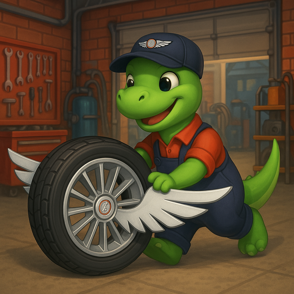 A green lizard with wings is holding a tire in a garage.