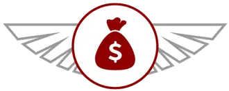 A red bag of money with a dollar sign inside of a circle.