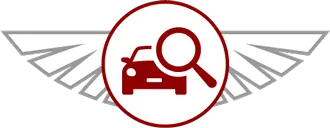 A red car with a magnifying glass in a circle.