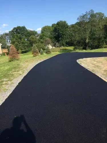 Black asphalt driveway curves through a grassy lawn, trees in the background under a blue sky.