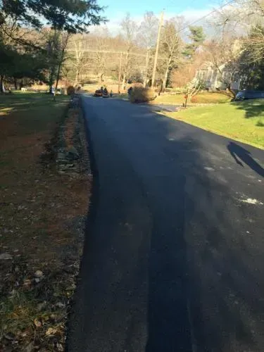 Newly paved asphalt driveway with grass on both sides, trees and a clear sky in the background.