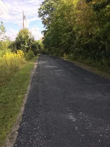 Paved road curves through a tree-lined area under a partly cloudy sky. Vegetation is present on either side.