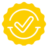 Yellow badge with checkmark inside circle, smiles on the bottom.