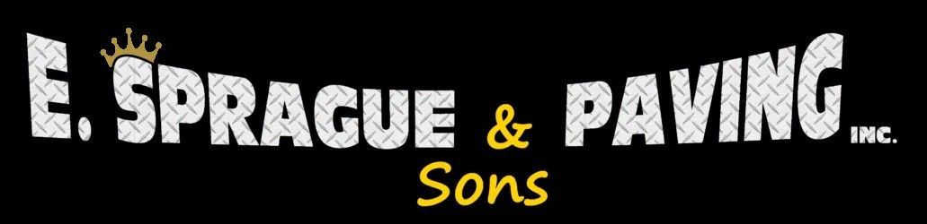 Logo for E. Sprague & Paving inc., in white text with a small gold crown. "Sons" in gold text beneath. Black background.