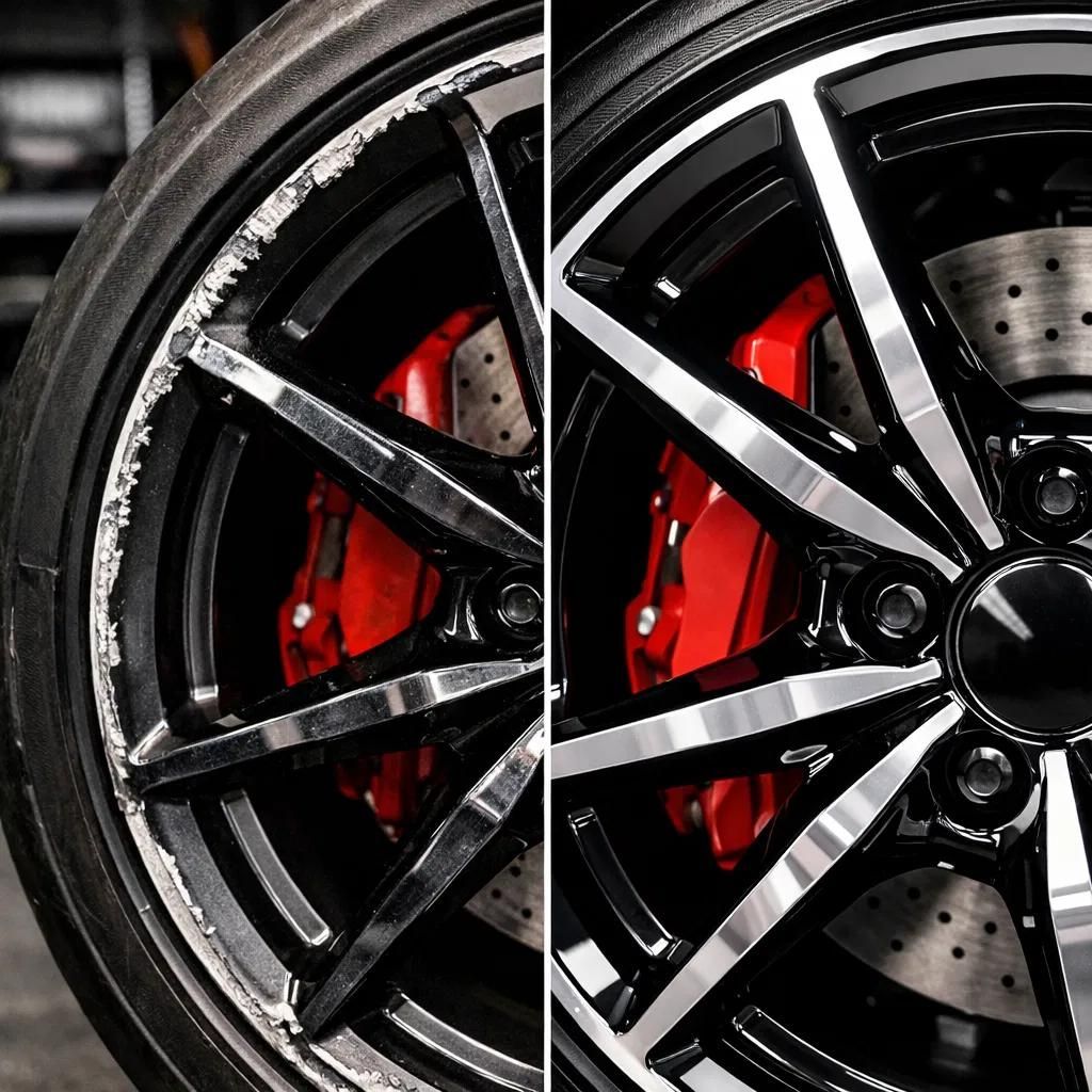 Close-up of a black alloy car wheel with red brake caliper and drilled brake disc