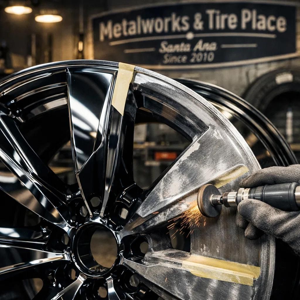 Mechanic polishing a glossy black alloy wheel in a tire shop garage